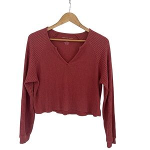 American Eagle Red V-Neck Long Sleeve Waffle Knit Shirt/ Top Sz M